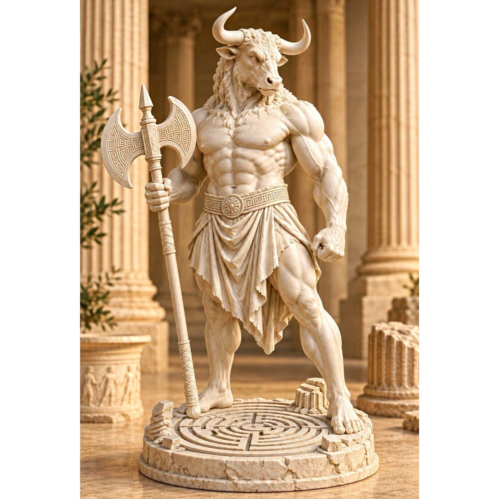 White Minotaur Warrior Figurine Resin Holding Double Axe Mythology 7 in